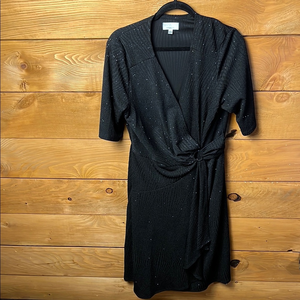 Robbie Bee Signature Black Sheath Wrap Dress Lg Tie Front Women's Half Sleeve‎
